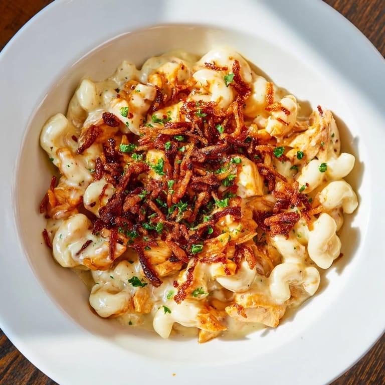 A close-up of cheesy One-Pot Honey BBQ Chicken Mac and Cheese, with golden-brown chicken and herb garnish.