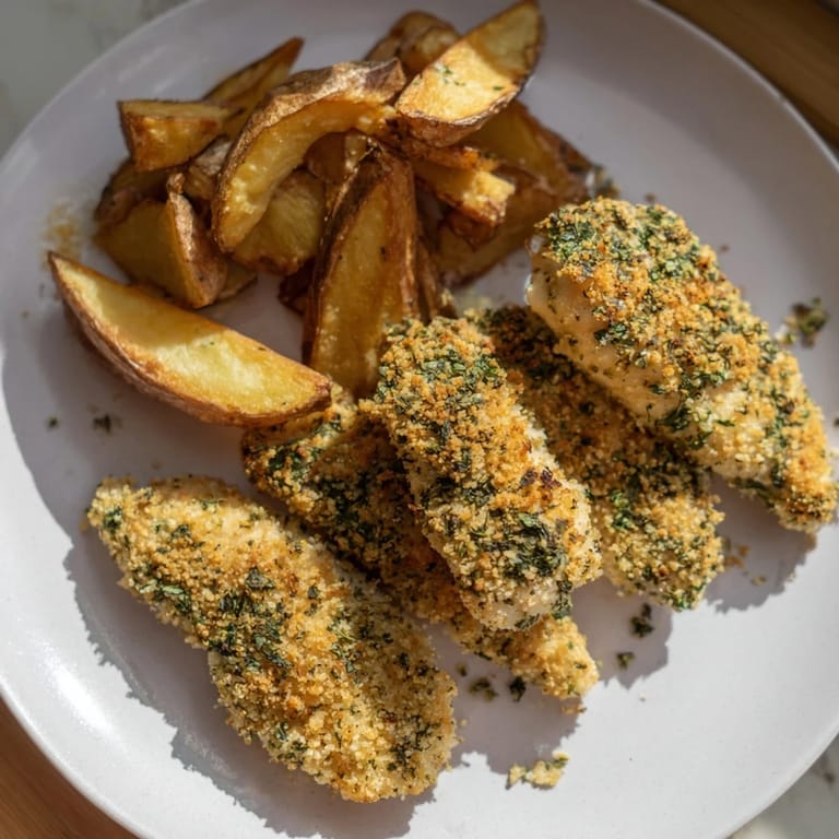 Imagine tender herbed chicken tenders paired with crispy potato wedges, a comforting American classic for all.