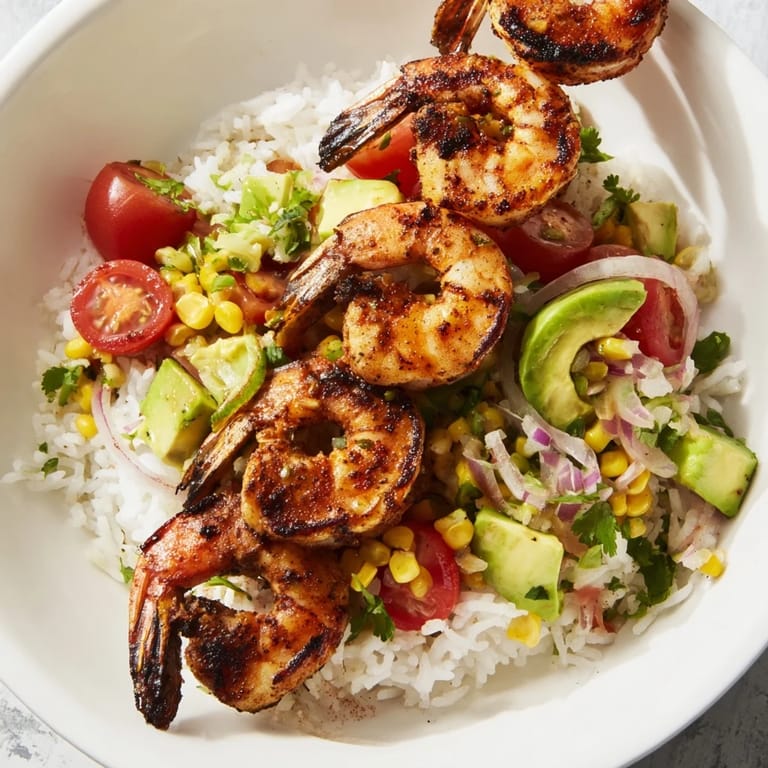 Sizzling, grilled shrimp topping a fresh Easy Grilled Shrimp Bowl with Avocado Corn Salsa on a bed of fluffy rice.