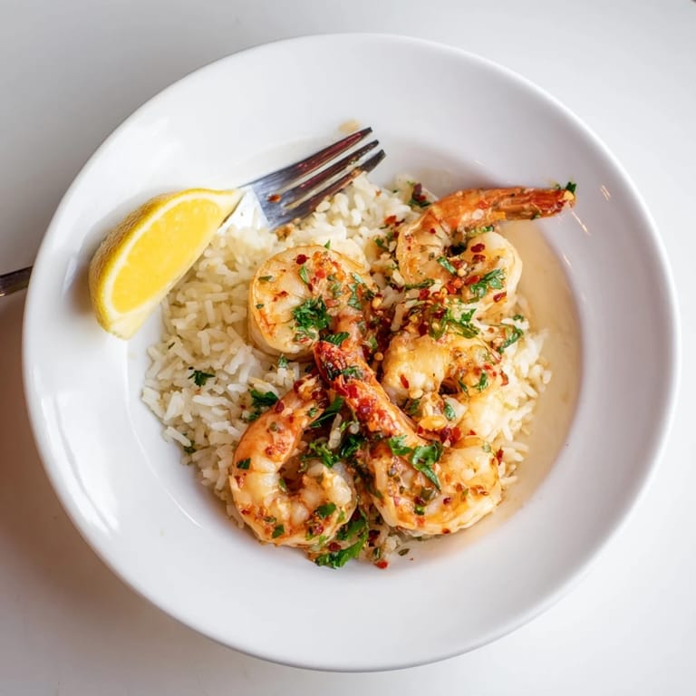 Sizzling shrimp in garlic butter, with a squeeze of lemon over rice, for the perfect meal.