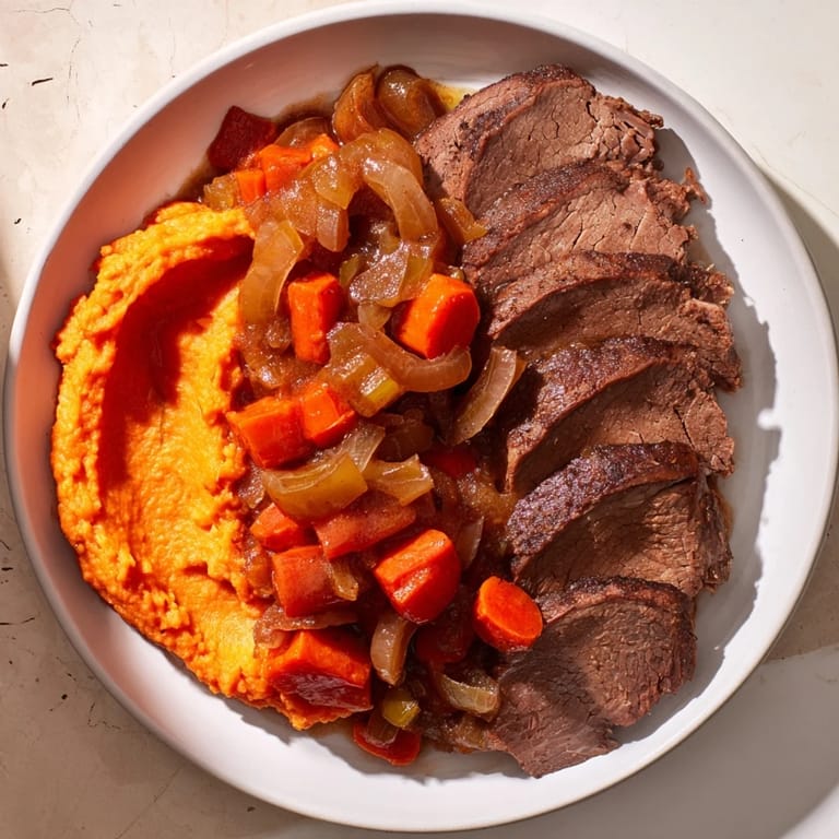 Juicy slices of slow-cooked Classic Brisket nestled next to creamy, fluffy mashed sweet potatoes.