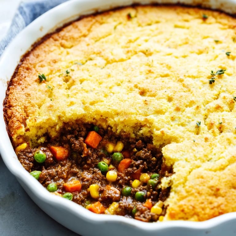 Imagine digging into this Cornbread Crusted Beef Pie, with savory beef and a crumbly cornbread top.