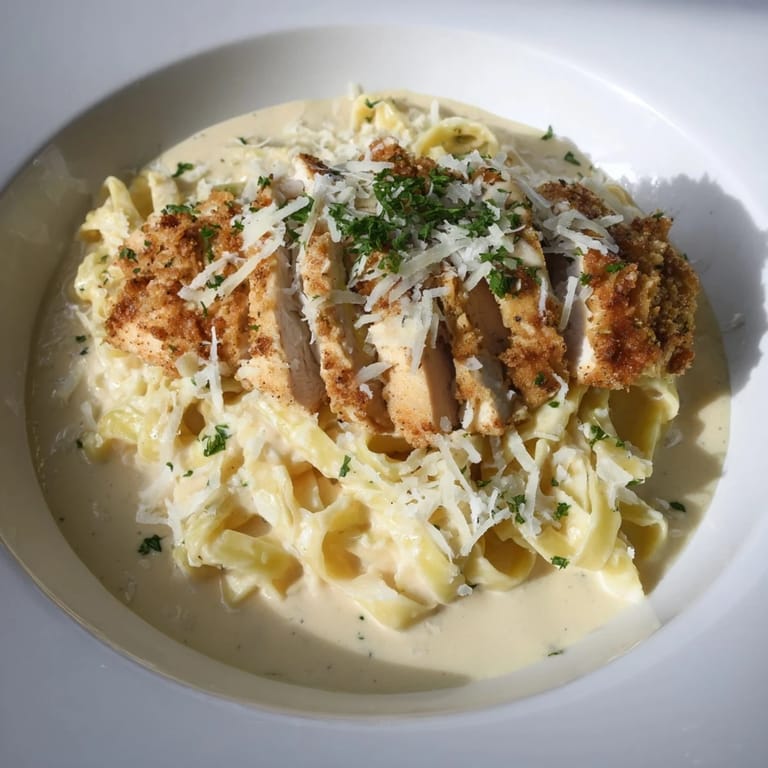 Delicious Spicy Cajun Chicken Alfredo with vibrant parsley garnish, ready to enjoy with a glass of wine.