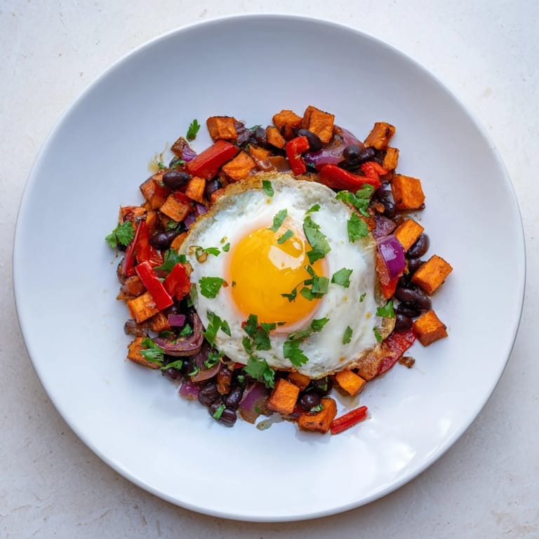 Vibrant skillet of sweet potato and black bean breakfast hash, topped with perfectly cooked eggs and cilantro.
