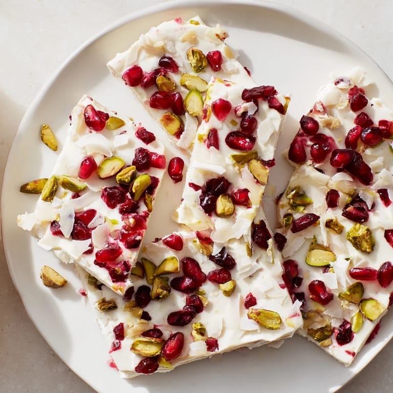 Cool, refreshing Frozen Yogurt Bark offering a sweet, creamy base with bursts of pomegranate flavor.