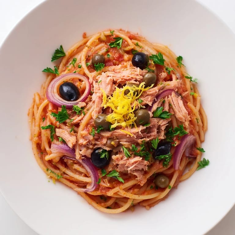 Flaky tuna and briny olives adorn this flavorful pasta with tuna, olives, and capers dish.