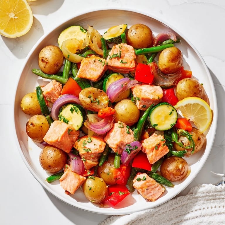 Vibrant vegetables and tender salmon star in this flavorful one-pan Salmon & Potato Skillet dinner.
