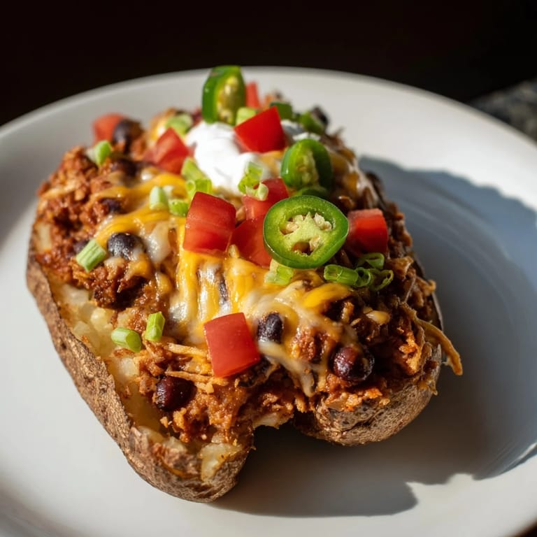 A close-up of a steaming Loaded Baked Potato with Chili and Cheese, ready to be enjoyed as a hearty dinner.