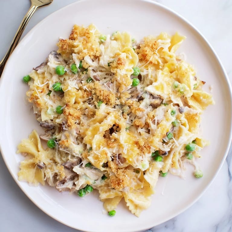 A bubbling, oven-baked Creamy Tuna Noodle Casserole with a delicious, crunchy Ritz cracker topping.