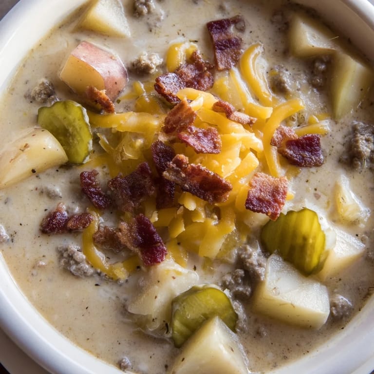 A bubbling crockpot filled with Cheeseburger Soup, a delicious and easy weeknight comfort food idea.