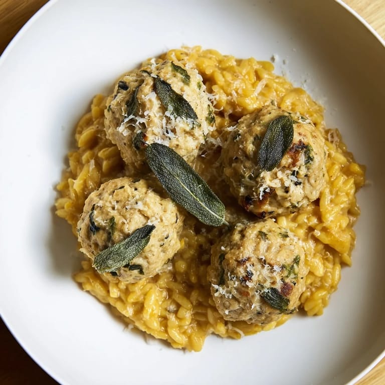 Savory sage turkey meatballs with creamy pumpkin orzo, garnished with fresh herbs and Parmesan.