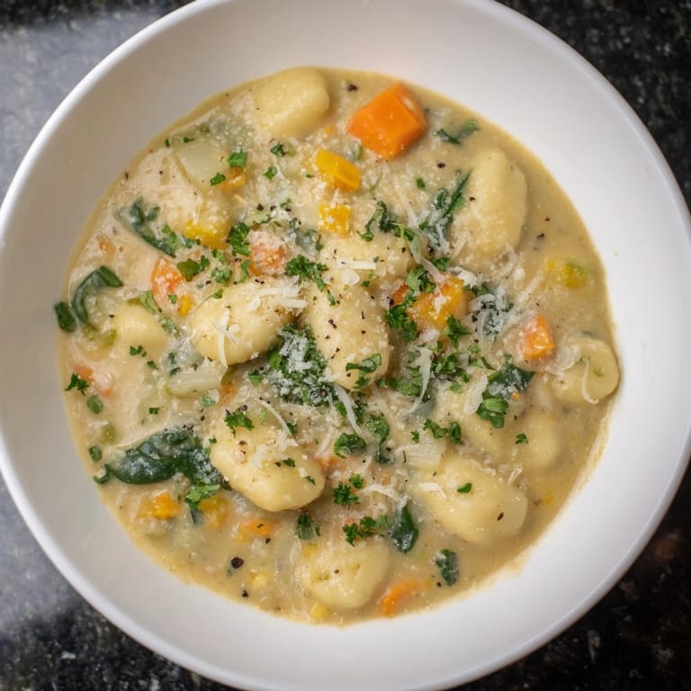 Close-up of creamy Savory Butternut Squash Gnocchi Soup, with visible gnocchi and tender squash pieces.
