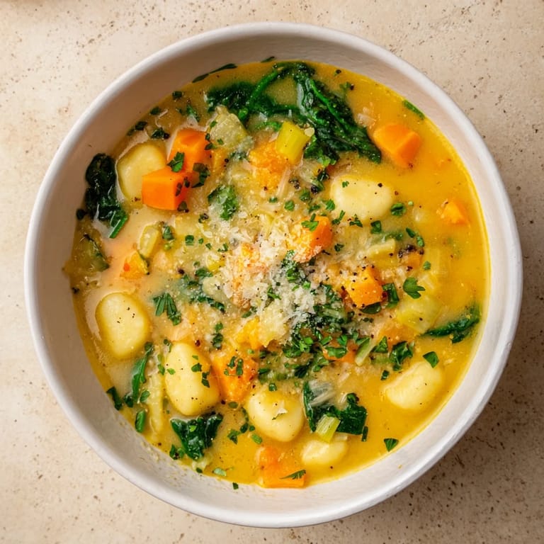 Cozy, warm serving of Savory Butternut Squash Gnocchi Soup – perfect for a comforting dinner.