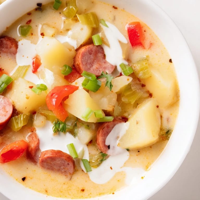 Thick and flavorful, a close-up of slow cooker Cajun potato soup topped with fresh herbs.