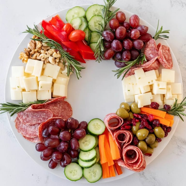 This beautiful Simplified Grazing Board Wreath appetizer features a bounty of fresh produce and meats.