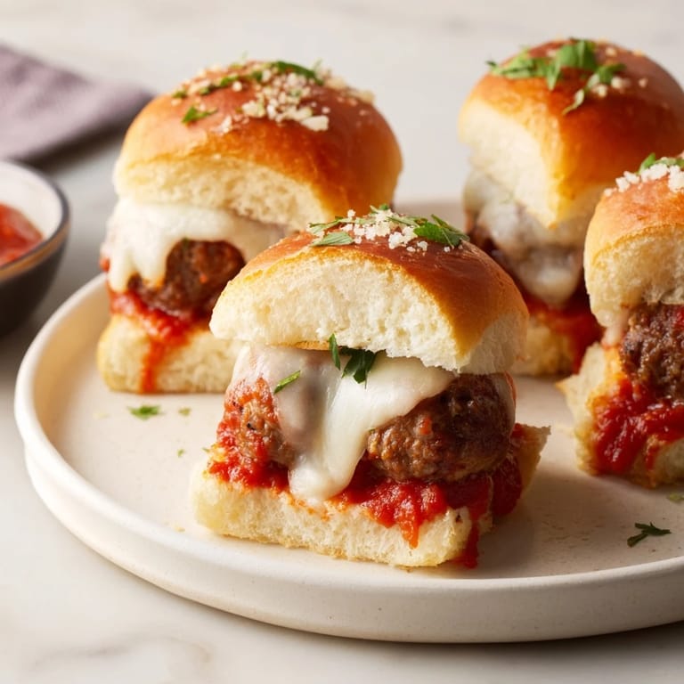 Melted mozzarella tops the saucy Easy Christmas Meatball Sliders, a comforting, savory holiday treat.
