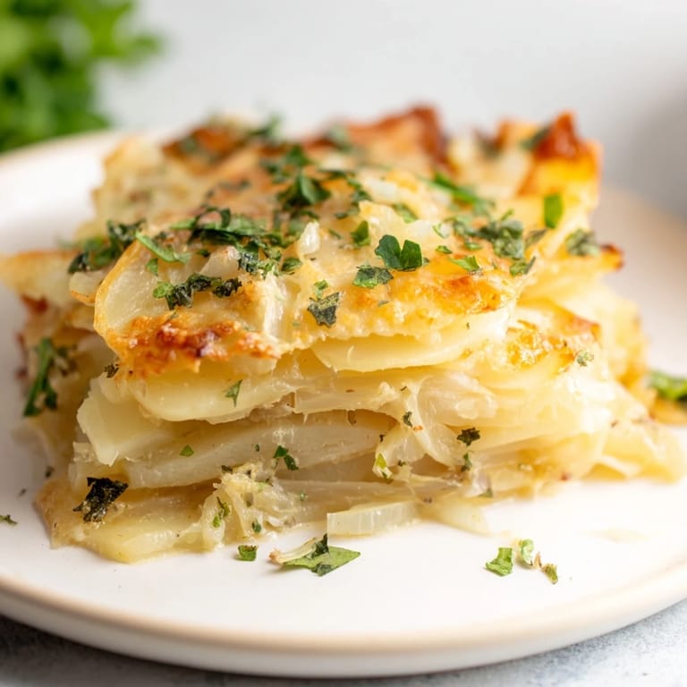A creamy, cheesy Budget-Friendly Potato Layer Bake with layered potatoes, ready to be served.