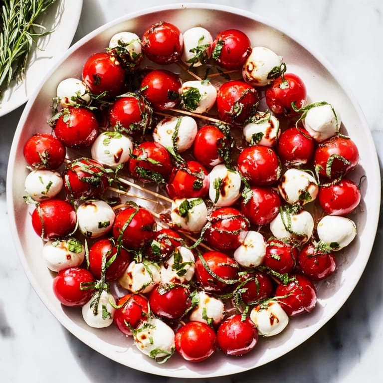 Close-up of fresh Easy Christmas Tree Caprese Skewers, a festive vegetarian appetizer, garnished with rosemary sprigs.