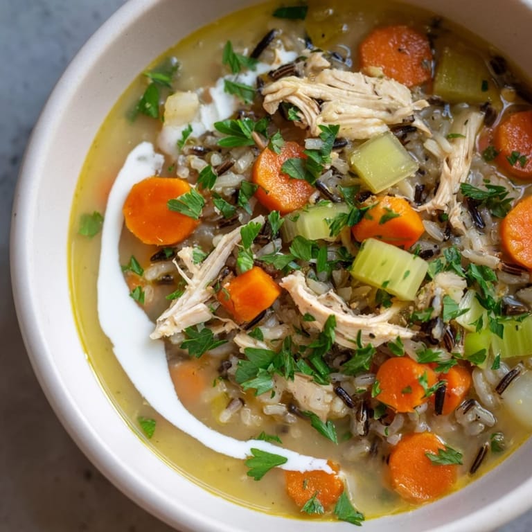 Enjoy a warm and delicious serving of Quick Chicken and Wild Rice Soup, perfect with crusty bread.