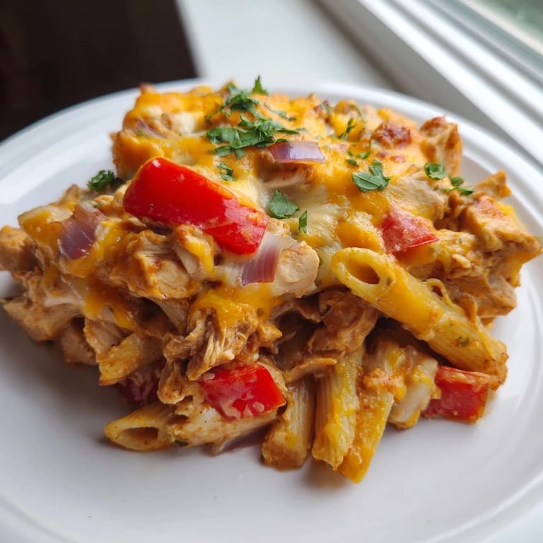 A close-up of cheesy Baked Salsa Chicken Pasta, showing the vibrant salsa and cooked chicken.