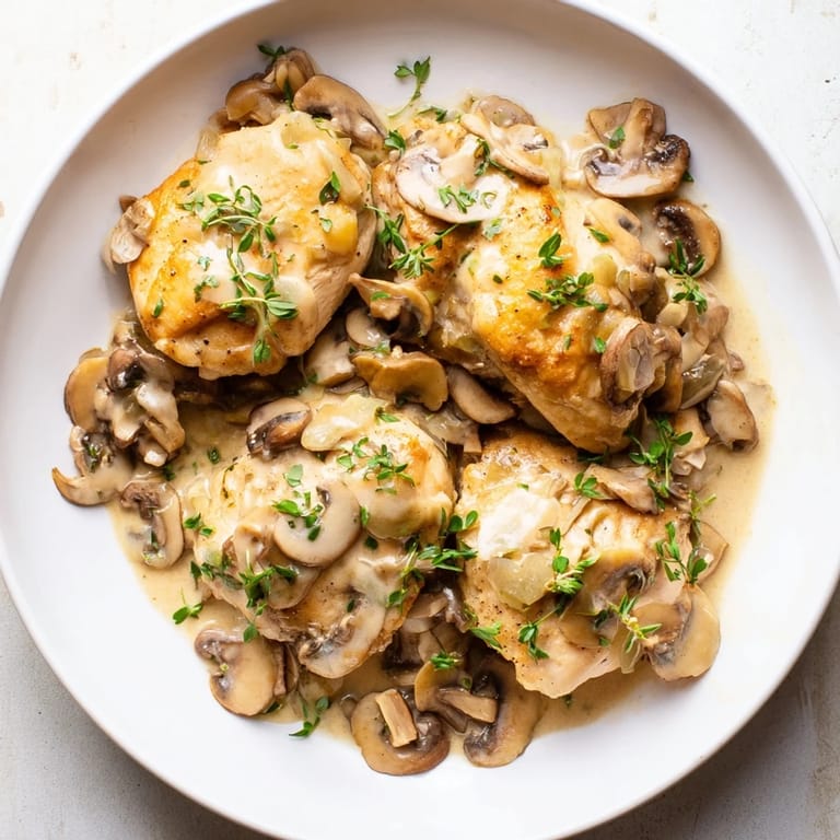 Savory Tarragon Chicken & Mushroom Skillet: Golden chicken breasts nestled in a rich, creamy mushroom sauce.