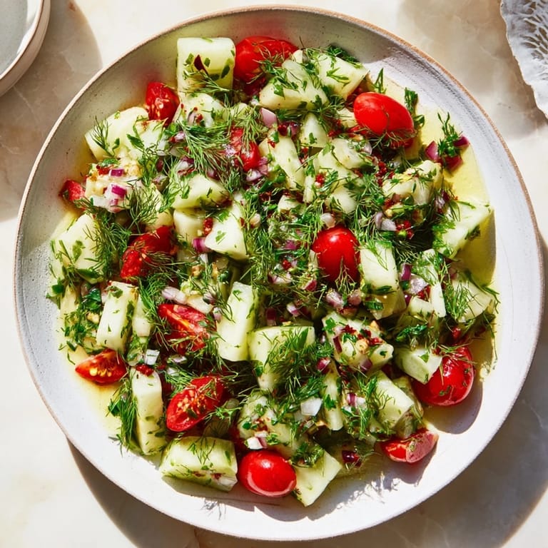 This Simple Cucumber and Dill Chopped Salad is tossed with a bright vinaigrette, showcasing crisp cucumbers and fresh dill ready to serve.