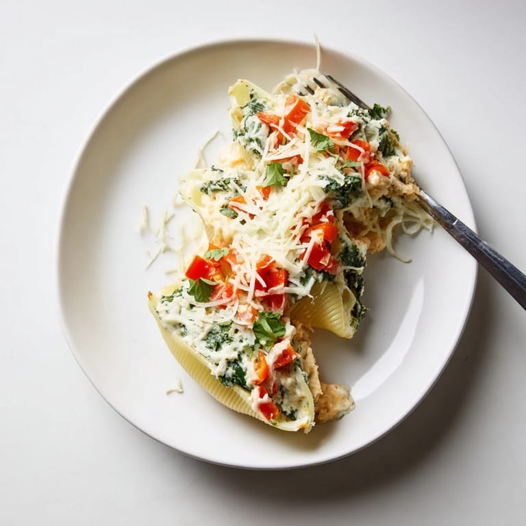 A close-up of creamy High-Protein Cottage Cheese Alfredo Christmas Shells, garnished with red peppers and parsley.
