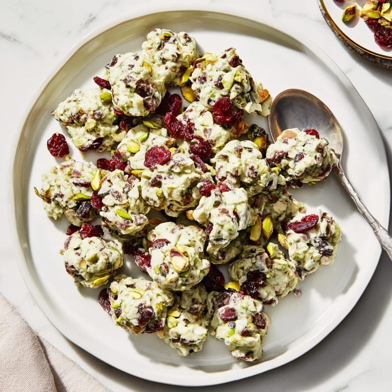 Pale green Matcha White Chocolate Cranberry Bark Clusters, perfect for a gluten-free dessert or sweet snack.