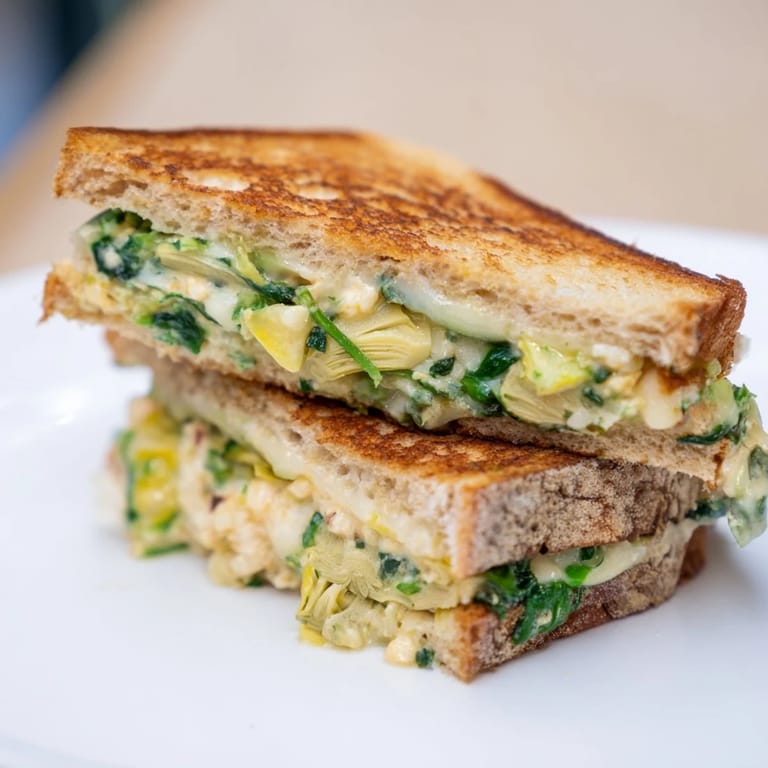 Toasty sourdough bread encases creamy Sourdough Spinach Artichoke Dip Grilled Cheese; a hearty vegetarian meal.