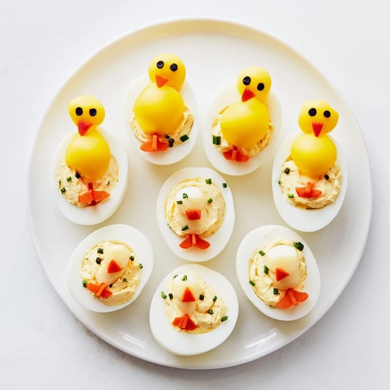 Creamy egg filling forms the bodies of delightful Chick & Duckling Snacks, perfect springtime appetizers.