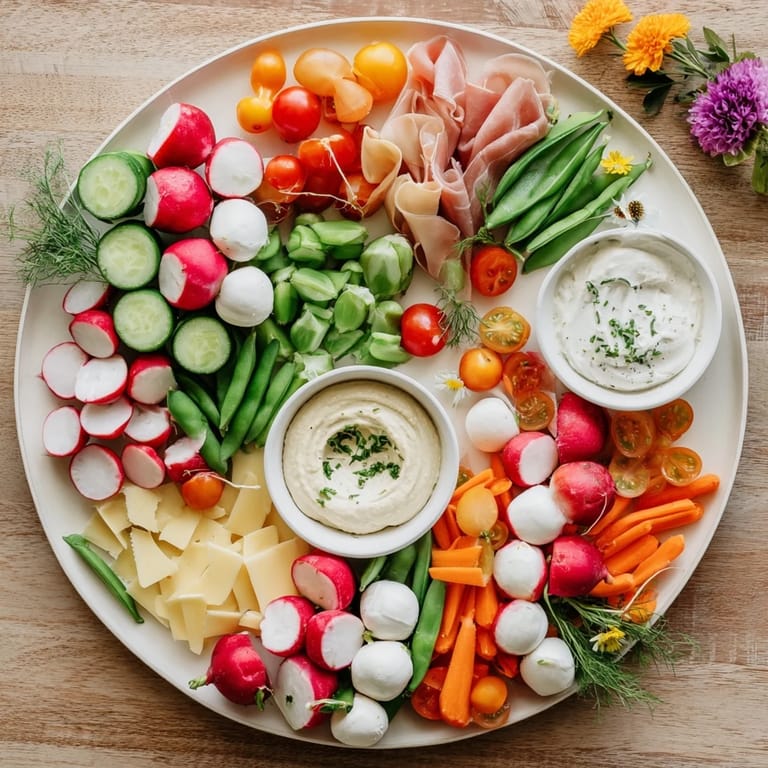 Vibrant Spring Wreath Appetizer Platter showcasing fresh radishes, carrots, and cheeses, perfect for springtime gatherings.