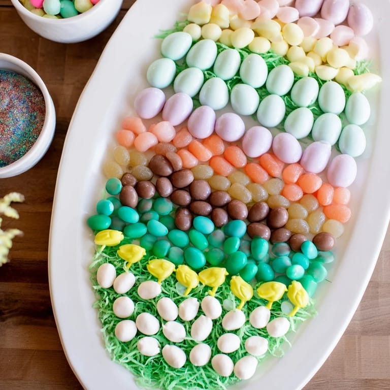 This vibrant Egg-Shaped Candy Platter features a delightful assortment of candies, perfect for a fun Easter dessert.