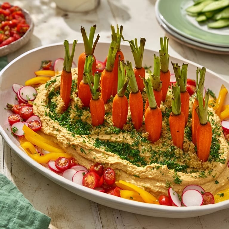 Close-up of a whimsical Carrot Patch Veggie Board, offering a delightful appetizer with varied crunchy vegetables.