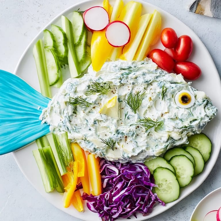 Vibrant Ocean Blue Fish-Shaped Dip Tray: a whimsical appetizer with fresh veggies and delicious dips for any party.