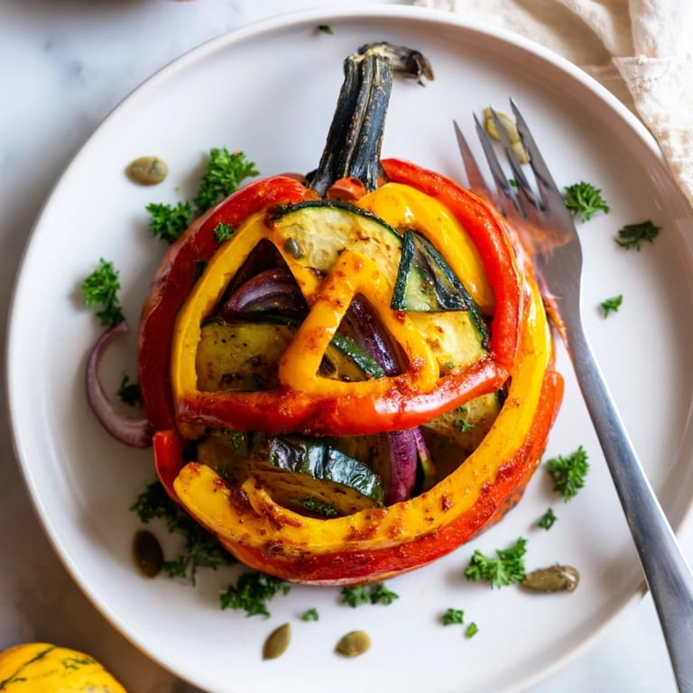Vivid image of a warm, inviting Pumpkin Lantern Halloween Plate with colorful roasted vegetables.