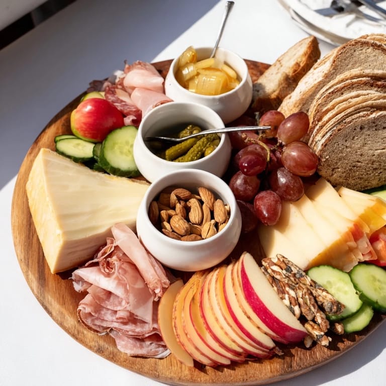 This Planche Montagne Aventure Collation showcases a rustic arrangement of cheeses, meats, and vibrant accompaniments to share.
