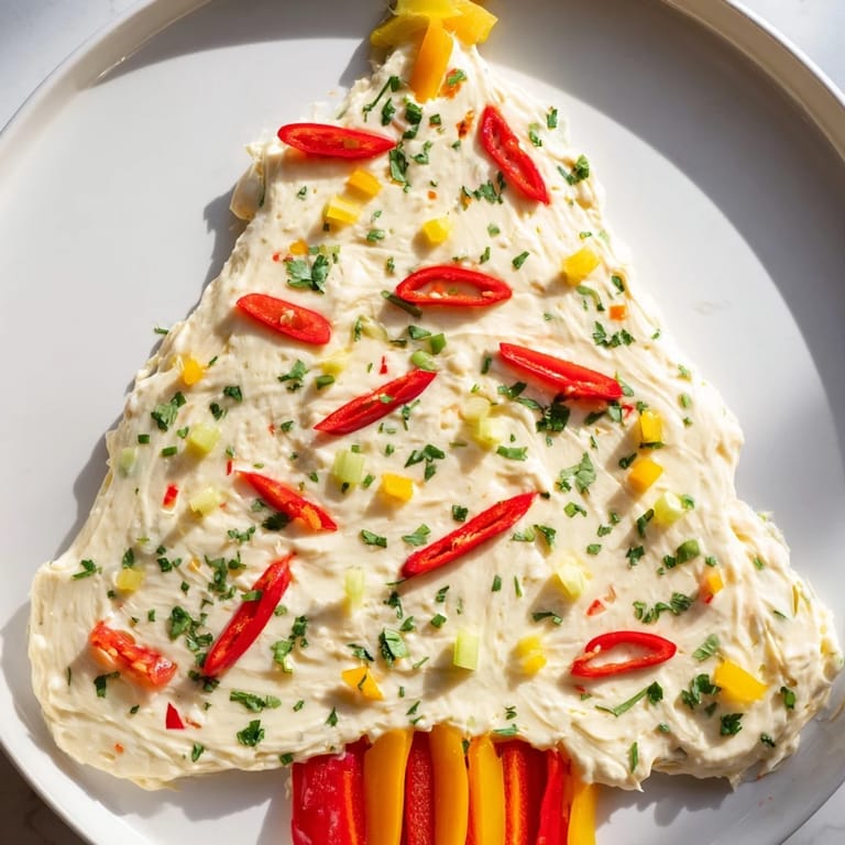Bright red chili pepper rings top this flavorful Chili Pepper Christmas Tree Dip at a holiday party.