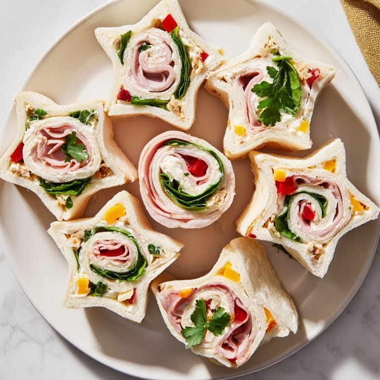 Delicious, festive party sandwiches, showing colorful ham, turkey, and cheese roll-ups arranged.
