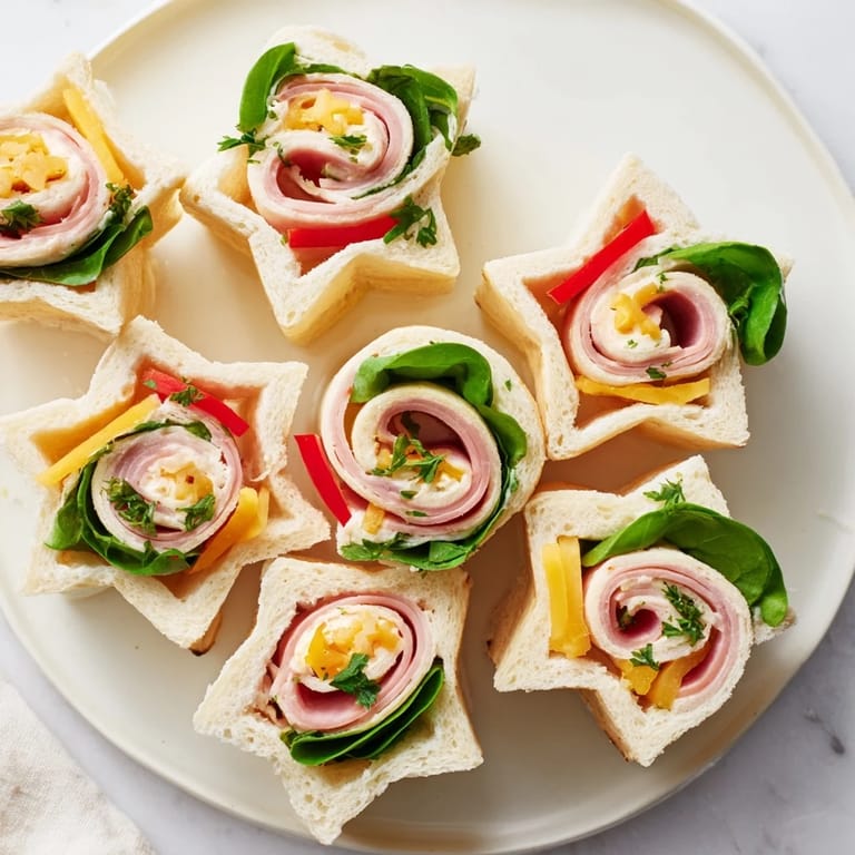 Close-up of freshly cut star-shaped party sandwiches, ready for snacking, with fillings visible.