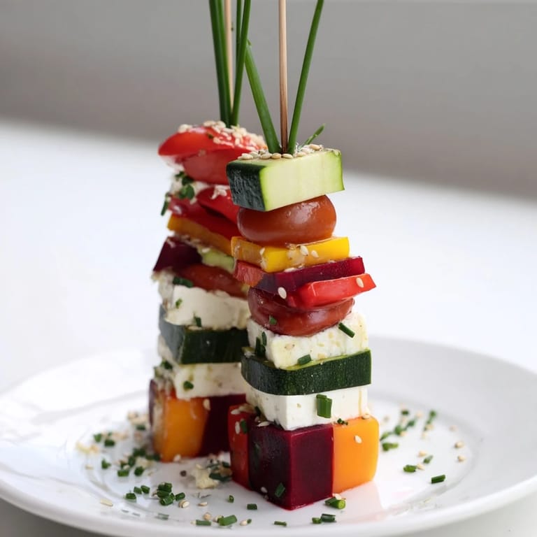 Beautifully arranged Stacked Gift Box Veggie Cubes, with chives "tying" vibrant vegetable and cheese components.