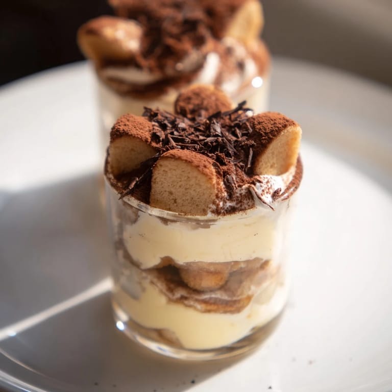 Close-up shot shows delightful Countdown Tiramisu Shots, with creamy filling and coffee-soaked ladyfingers.