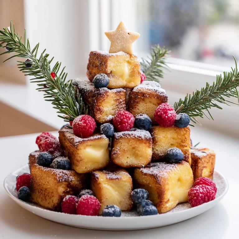 This image shows freshly dusted Eggnog French Toast Bites, ready to enjoy with a drizzle of maple syrup.