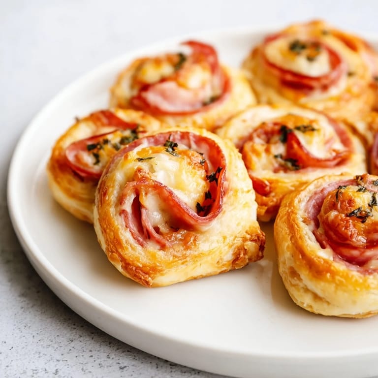 Crispy-edged, savory Sliced Cheddar and Salami Scrolls with a melted cheese and salami center.