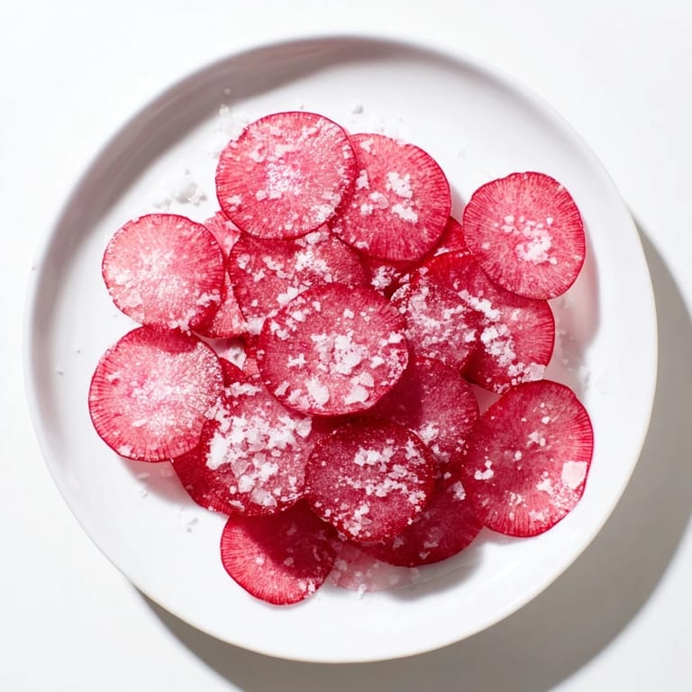Close-up of the easy Radish Slices with Sea Salt, showing bright pink color sprinkled with flaky salt.