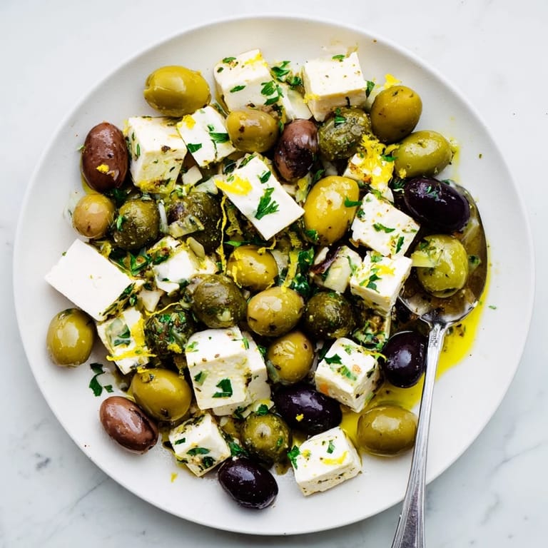 This Holiday Mix: Mixed Olives with Feta Cubes recipe shows olives glistening with an herby marinade.