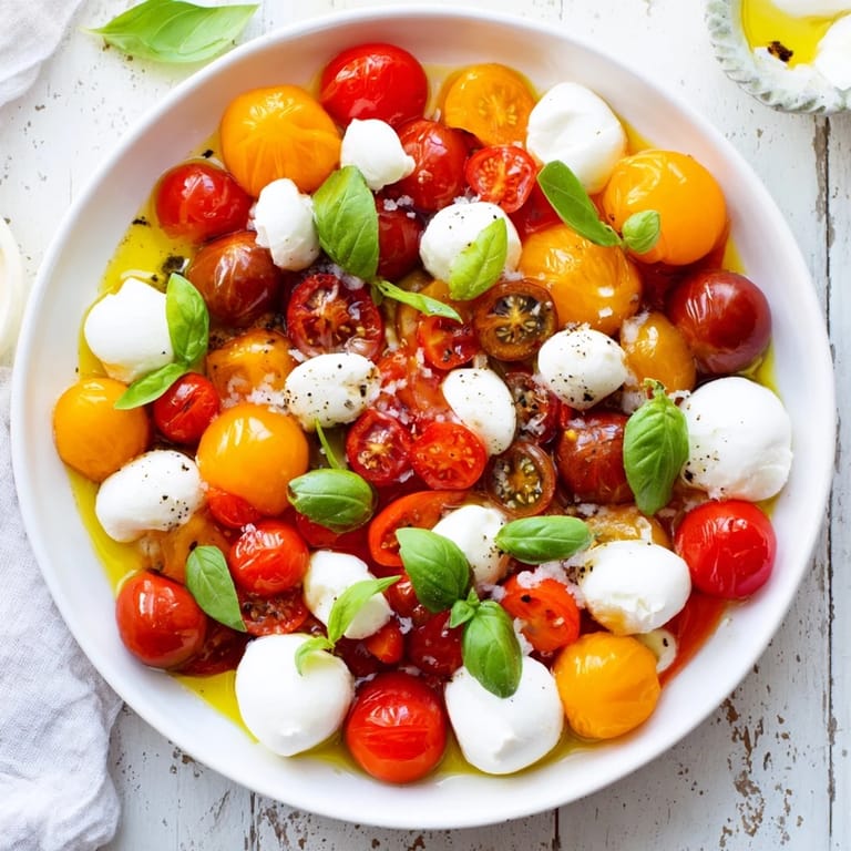 A beautiful close-up of the easy cherry tomato and basil ring appetizer, glistening with olive oil.