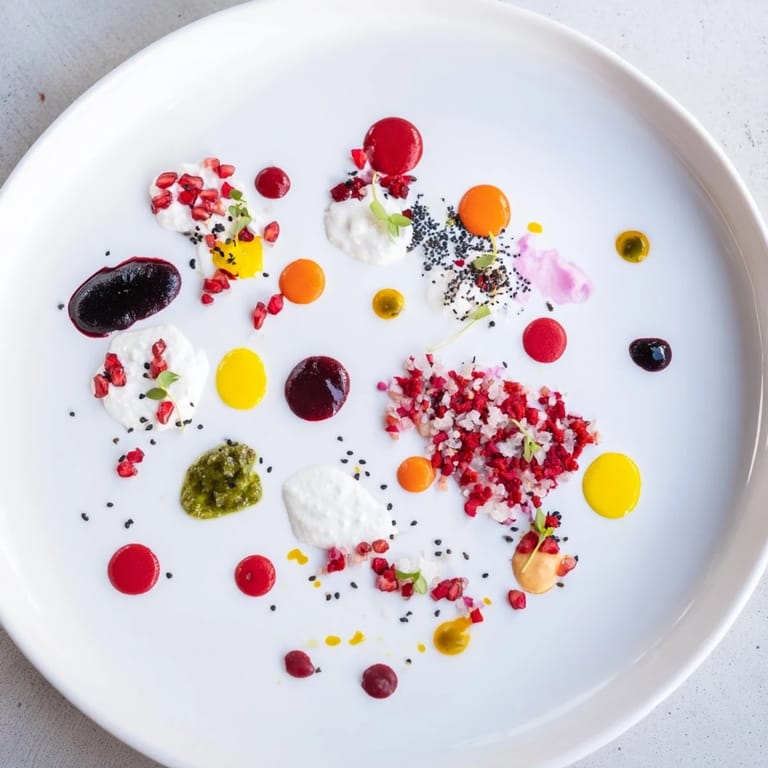 This artistic Pointillism Dot Matrix features vivid dots of purees and sauces, creating a visually delightful starter.