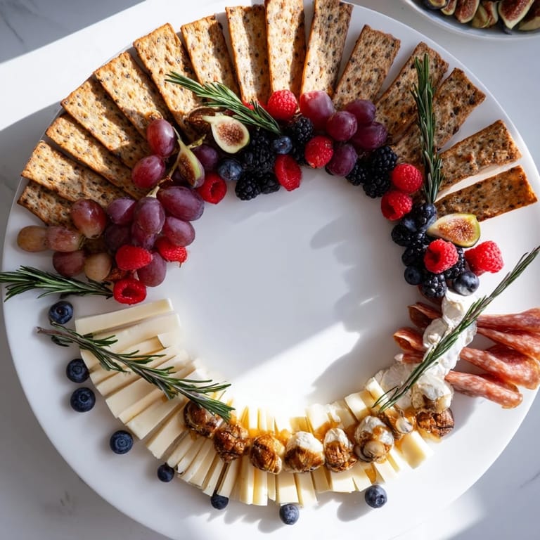 This vibrant Ouroboros Circle displays prosciutto, berries, and goat cheese; a stunning savory appetizer.