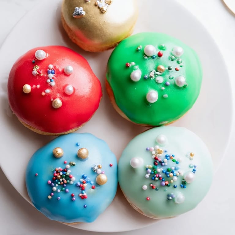Freshly fried Christmas Ornament Beignets, a French dessert, are shown piled, sprinkled, and colorful for the holidays.