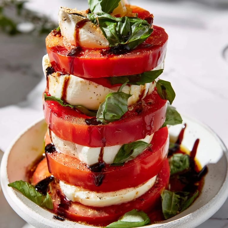 Fresh basil tops the vibrant, stacked ingredients of this savory Tuscan Pillar, ready to enjoy.
